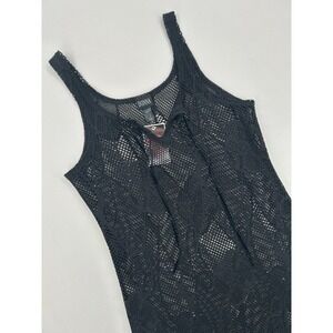 Donna Black Crochet Knit Lace Up Front Tank Top Floral Mesh Cover Up Medium